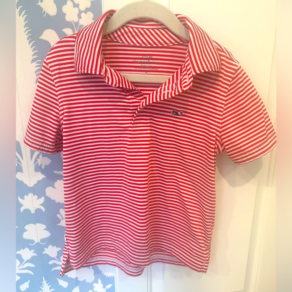 Vineyard vines, red and white polo, athletic material